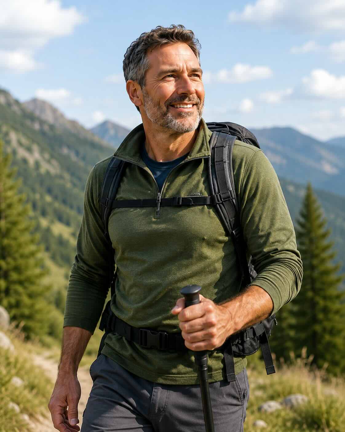 Healthy active man hiking outdoors